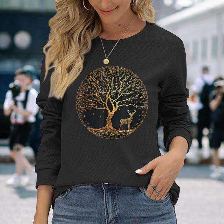 Tree Of Life Tree Of Life Yoga Meditation Tree Deer Langarmshirts Geschenke für Sie