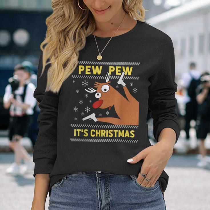 Ugly Christmas Sweater Pew Pew Crazy Reindeer Xmas Langarmshirts Geschenke für Sie