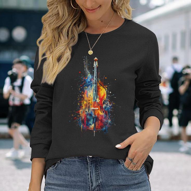 Upright Bass Instrument On Colourful Lacquered Double Bass Langarmshirts Geschenke für Sie