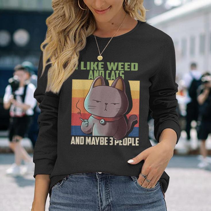 I Like Weed Cats And Maybe 3 People Cat Cannabis Grass Langarmshirts Geschenke für Sie