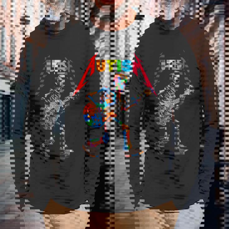 Autism Skeleton Guitar Rock Puzzle Music Autism Awareness Long Sleeve T-Shirt Gifts for Old Men