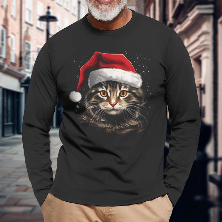 Cat With Christmas Hat Christmas Cat Santa Langarmshirts Geschenke für alte Männer