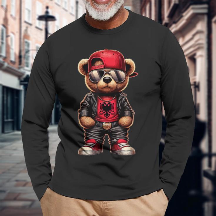 Cool Albanian Teddy Bear Albania Flag Outfit Street Langarmshirts Geschenke für alte Männer