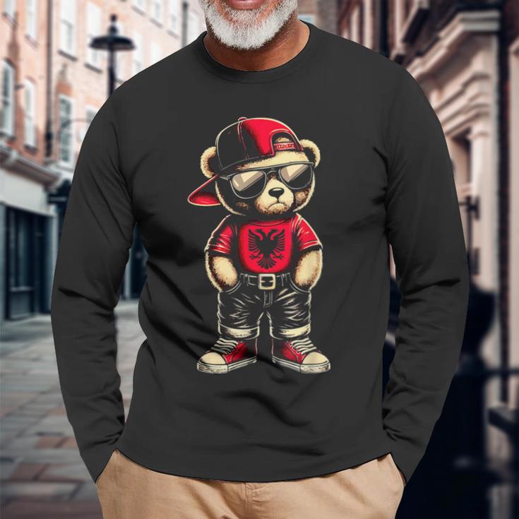 Cool Albanischer Teddybär Albanien Flagge Outfit Street Langarmshirts Geschenke für alte Männer