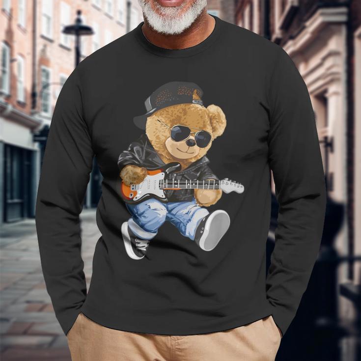 Cute Teddy Bear Playing Electric Guitar Langarmshirts Geschenke für alte Männer