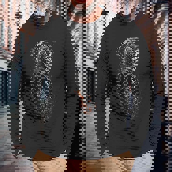 Cyberpunk Grim Reaper Con Guitarra Eléctrica Rock Heavy Metal Camiseta de manga larga Regalos para ancianos