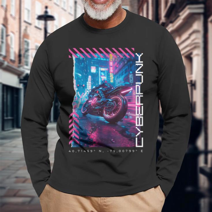 Cyberpunk Motorcycle Futuristic Tokyo Langarmshirts Geschenke für alte Männer