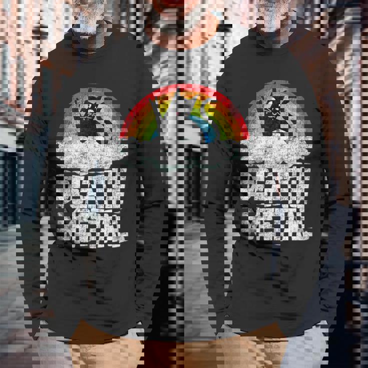 Death Metal Gato Retro Arco Iris Metalfan Heavy Metal Sin Mangas Camiseta de manga larga Regalos para ancianos