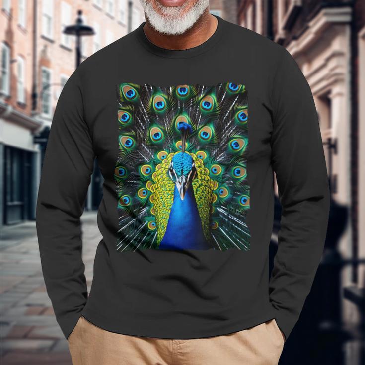 Elegant Peacock Eye Bird Watcher Blue Peacock Langarmshirts Geschenke für alte Männer