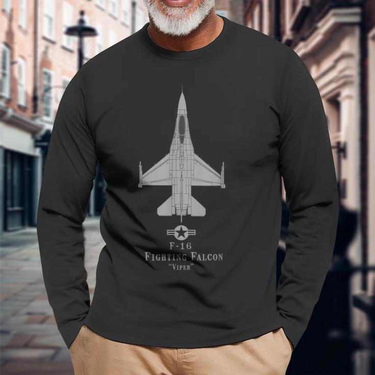 F-16 Fighting Falcon Tech Drawing Military Plane Langarmshirts Geschenke für alte Männer