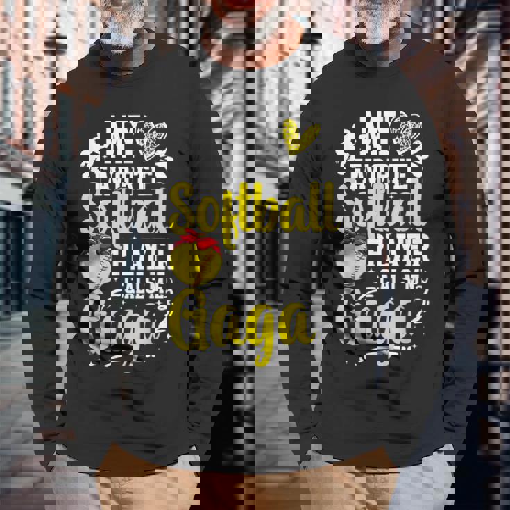 My Favorite Softball Player Calls Me Gaga Softball Gaga Long Sleeve T-Shirt Gifts for Old Men