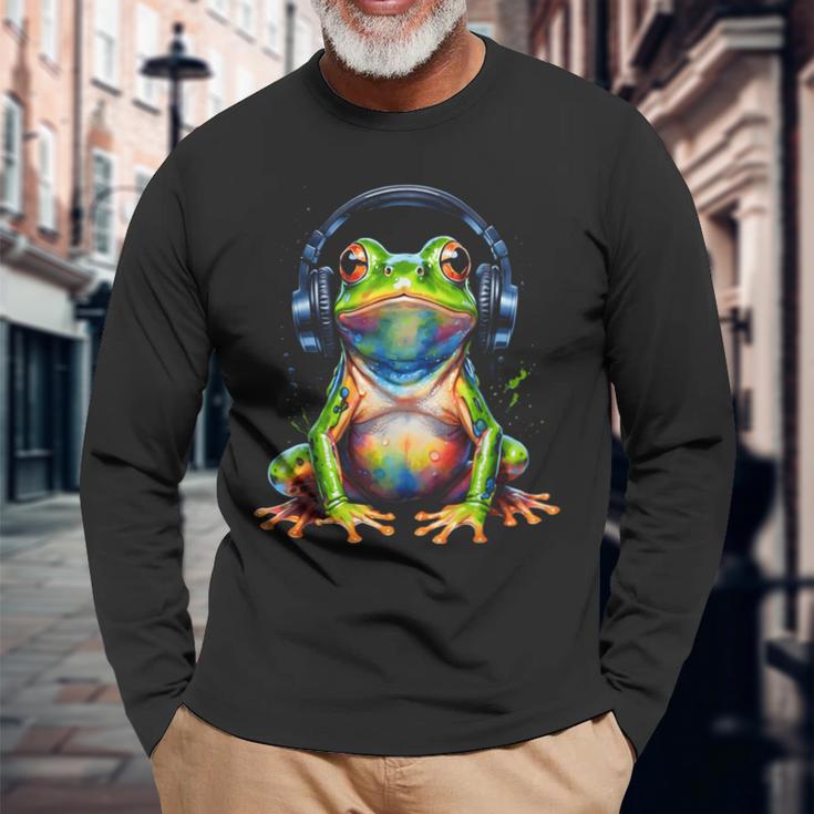 Frog Headphones Colourful Animal Print Langarmshirts Geschenke für alte Männer