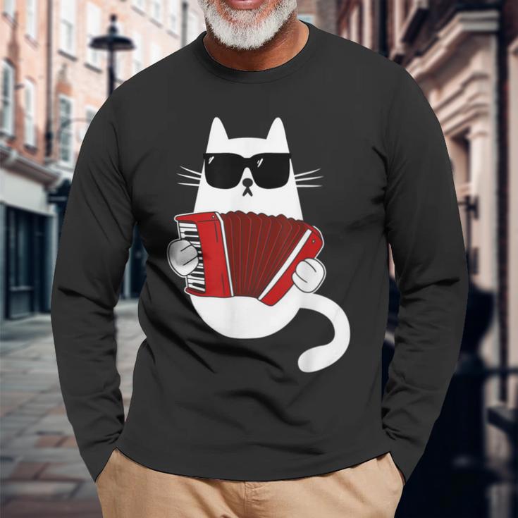 Cat Sunglasses Accordionist Accordion Musician Langarmshirts Geschenke für alte Männer