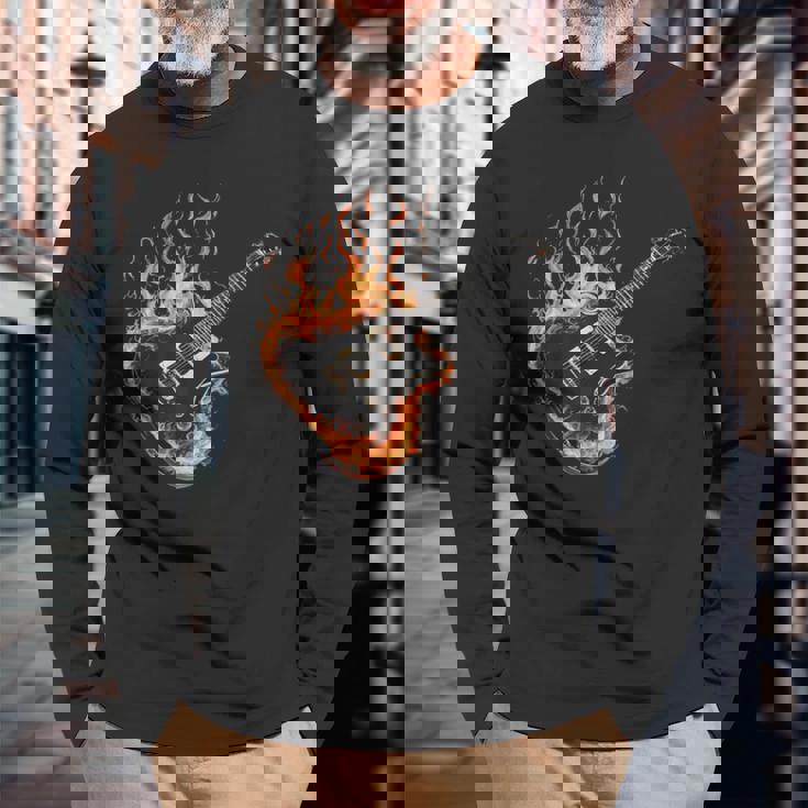 Guitarras Dibujo Guitarrista Ardiente Guitarra Guitarra Eléctrica Camiseta de manga larga Regalos para ancianos