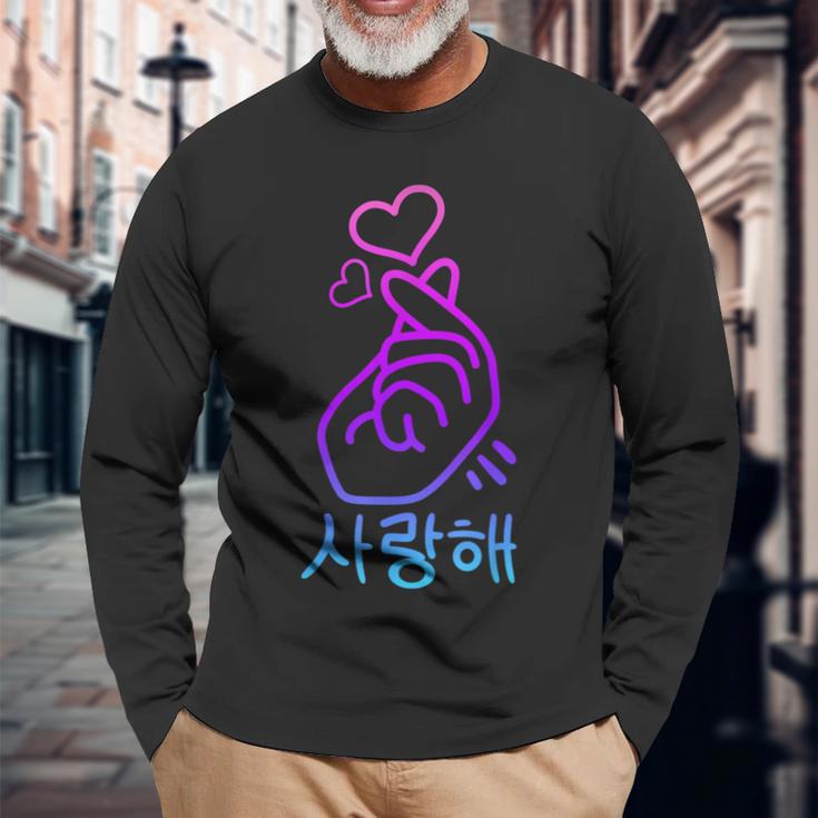 K-Pop Finger Heart Gesture Korean Letters Saranghae Langarmshirts Geschenke für alte Männer