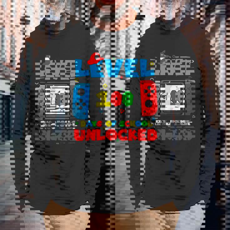 Level 100 Days Of School Boys Unlocked Video Games Gamer Long Sleeve T-Shirt Gifts for Old Men