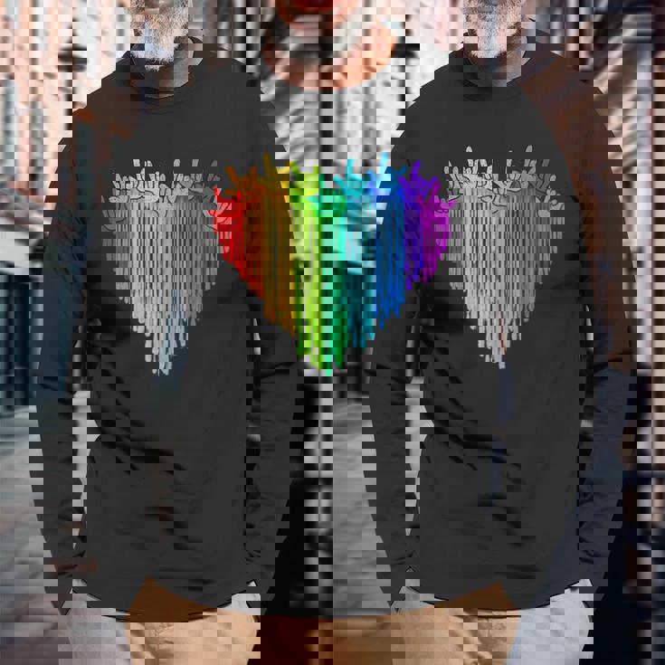 LGBTQ Pride I Love You Hand Sign Rainbow Heart ASL Ally Long Sleeve T-Shirt Gifts for Old Men