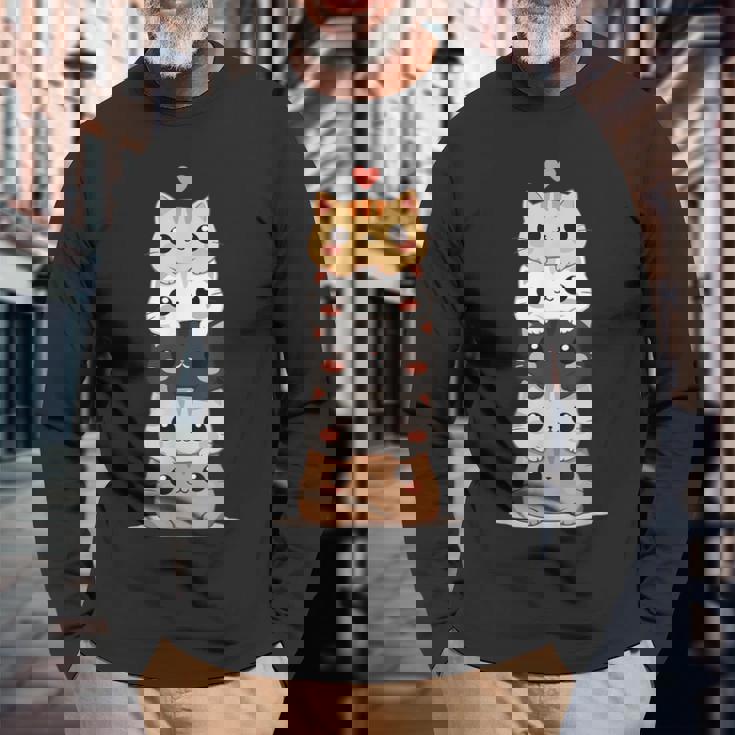 Lindos Gatos Niños Y Gatitos Amante De Los Gatos Anime Y Kawaii Gato Camiseta de manga larga Regalos para ancianos