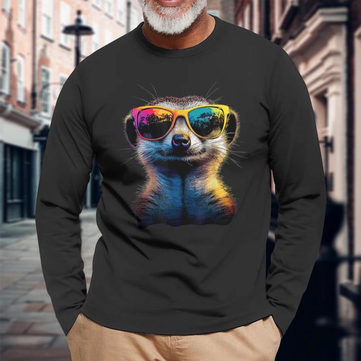 Meerkat With Sunglasses Colourful Popart Cute Meerkat Langarmshirts Geschenke für alte Männer