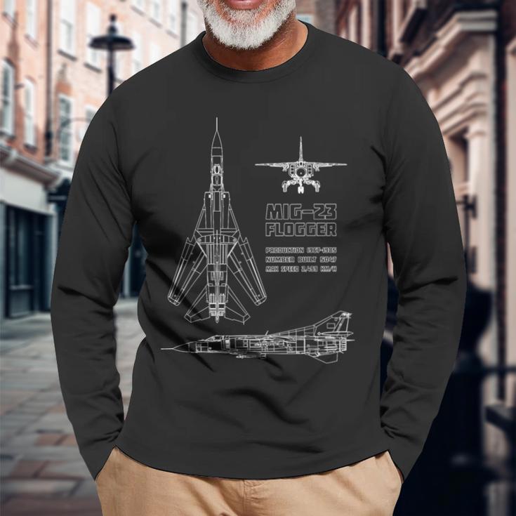 Mig-23 Russian Jet Fighter Plane Flogger Blue Pause Langarmshirts Geschenke für alte Männer