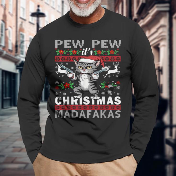 Pew Pew It's Christmas Madafakas Cat Santa Langarmshirts Geschenke für alte Männer