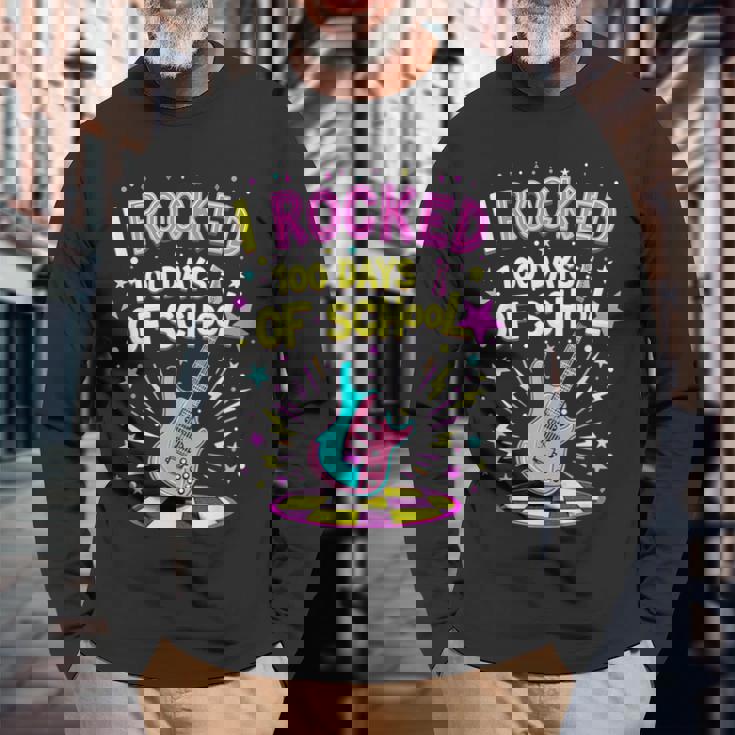 I Rocked 100 Days Of School Celebration 100Th Rock Guitar Long Sleeve T-Shirt Gifts for Old Men