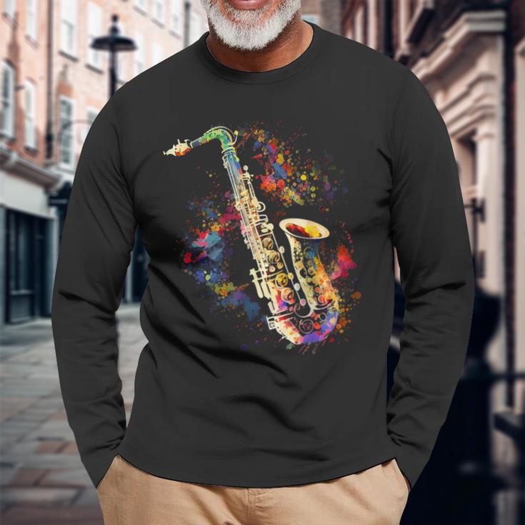 Saxophone Colourful Musician Saxophone For Saxophonists Langarmshirts Geschenke für alte Männer