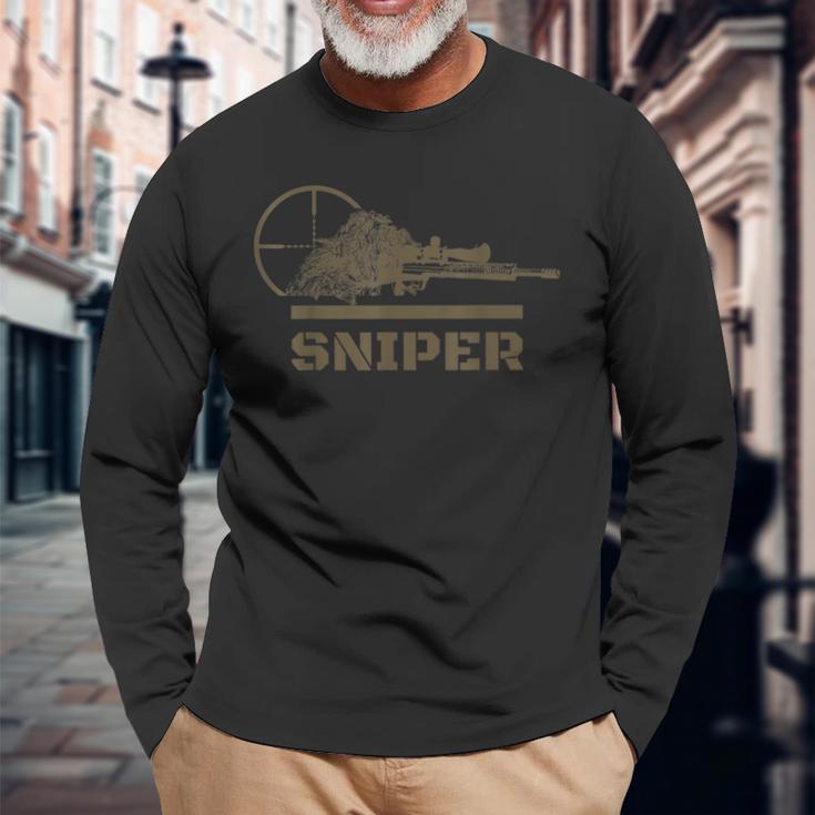 Sniper Ghillie Suit And Crosshair Military Langarmshirts Geschenke für alte Männer