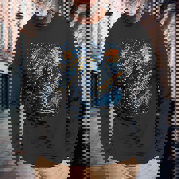 Starry Night Cat Van Gogh Cat Lover Cat Mom Cat Dad Long Sleeve T-Shirt Gifts for Old Men