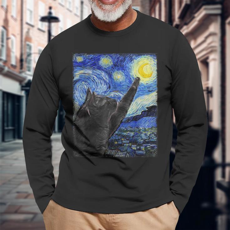 Starry Night Catan Gogh Cat Langarmshirts Geschenke für alte Männer