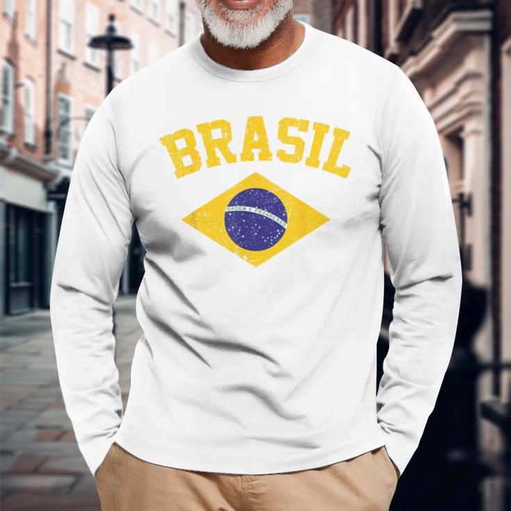 Brazilian National Flagintage Patriotic Football Brazil Green Langarmshirts Geschenke für alte Männer