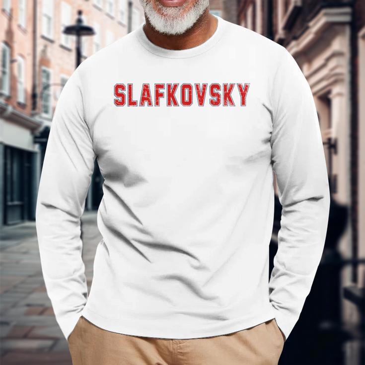 Distressed Team Slafkovsky Last Name Proud Family Blue Langarmshirts Geschenke für alte Männer