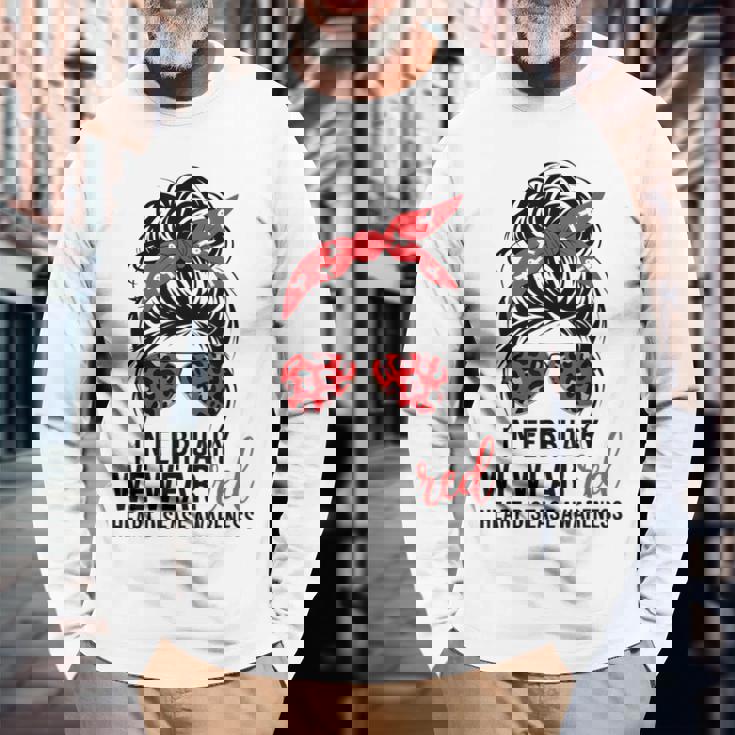 In February We Wear Red Heart Health Awareness Chd Disease Long Sleeve T-Shirt Gifts for Old Men