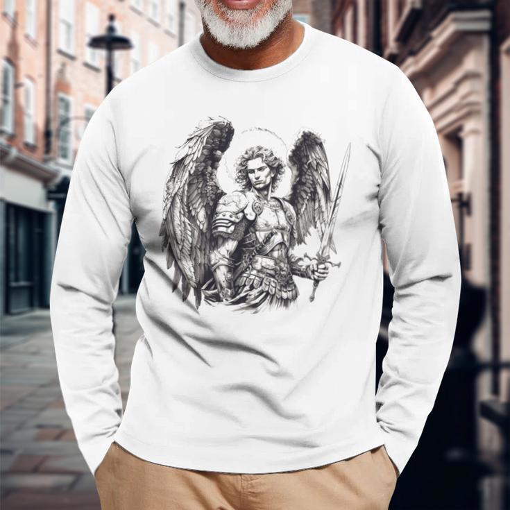 Saint Michael The Archangel Tattoo Style Langarmshirts Geschenke für alte Männer