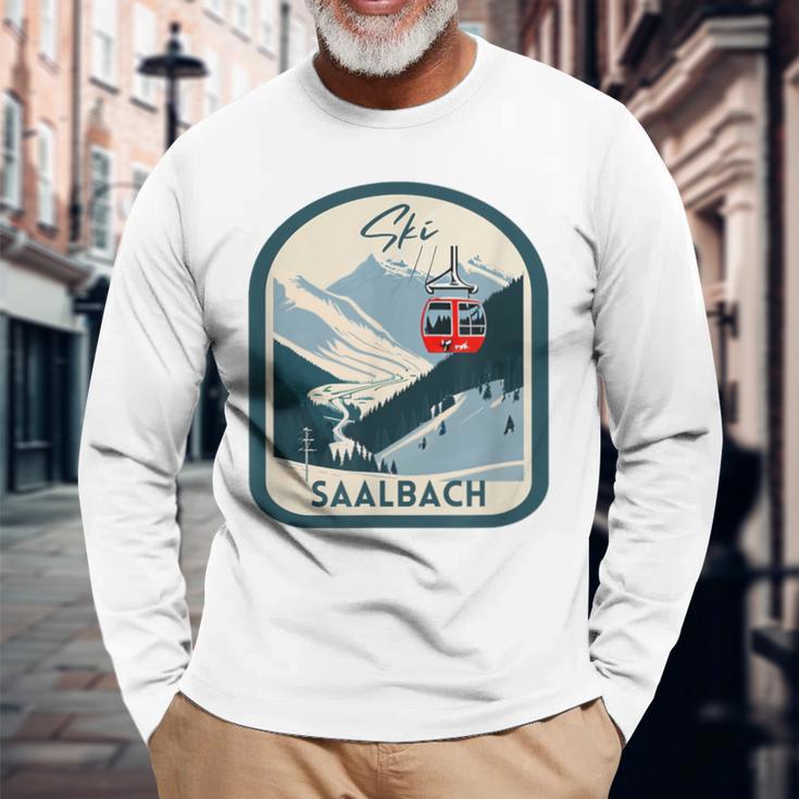 Ski Saalbach Retrointage Style Saalbach Skiing Gray Langarmshirts Geschenke für alte Männer