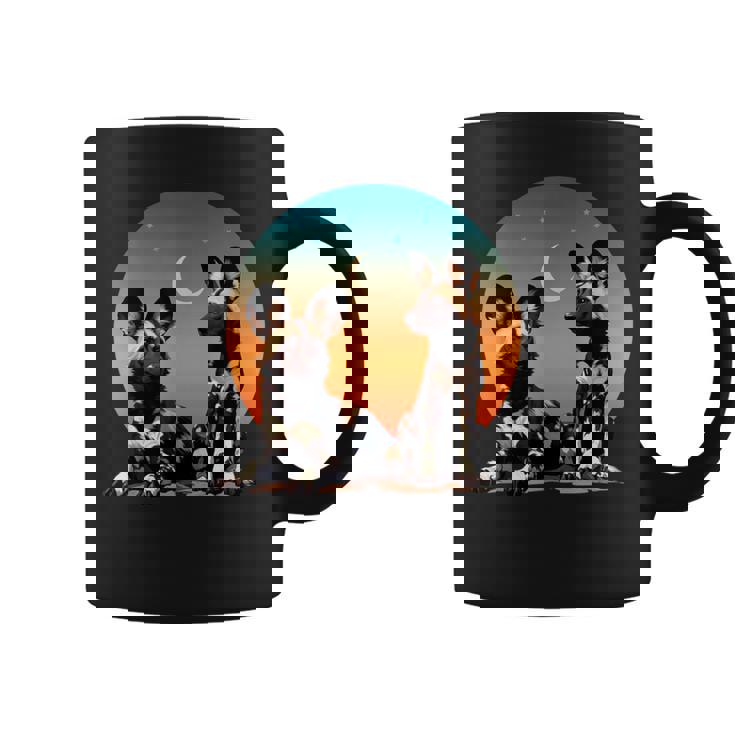African Painted Wild Dogs Sunset Moon Wild Dog Lovers Graphic Print Coffee Mug