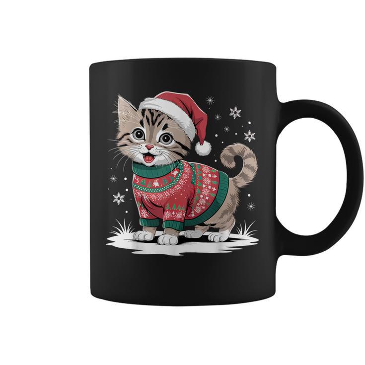 Cat Wearing Ugly Christmas Jumper And Santa Hat Cute Kitten Tassen