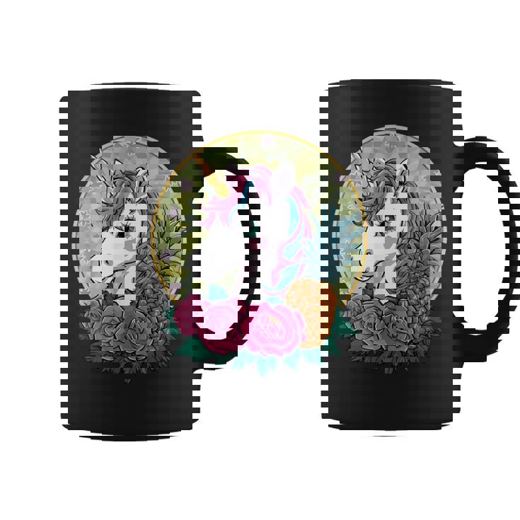 Lindo Unicornio Kawaii De Dibujos Animados Con Rosas Y Piña Taza de café