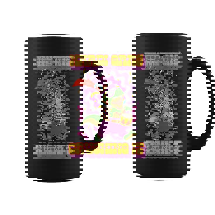 Mardi-Gras Mardi-Grawr T-Rex Dinosaur Crushing-It Baterista Taza de café