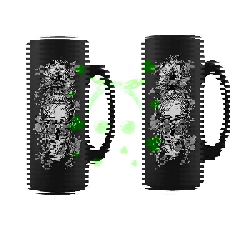 Skull Woman Messy Bun Hair Sunglasses Patrick's Day Clovers Coffee Mug