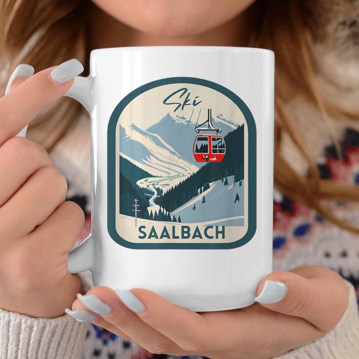 Ski Saalbach Retrointage Style Saalbach Skiing Gray Tassen Lustige Geschenke