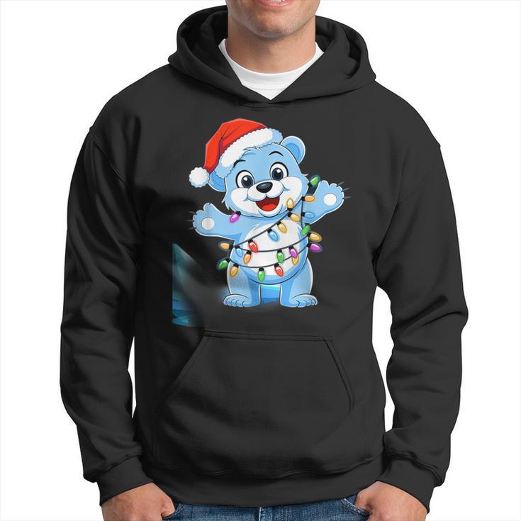 Süßer Weißer Bär In Weihnachtsmannmütze Mit Weihnachtslichtern Kapuzenpullover