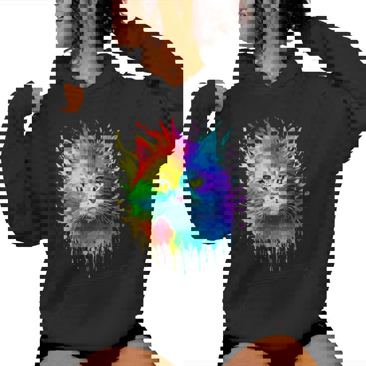 Rainbow Cat Realistic Watercolor Cute Cat Paint Colorful Cat Women Hoodie