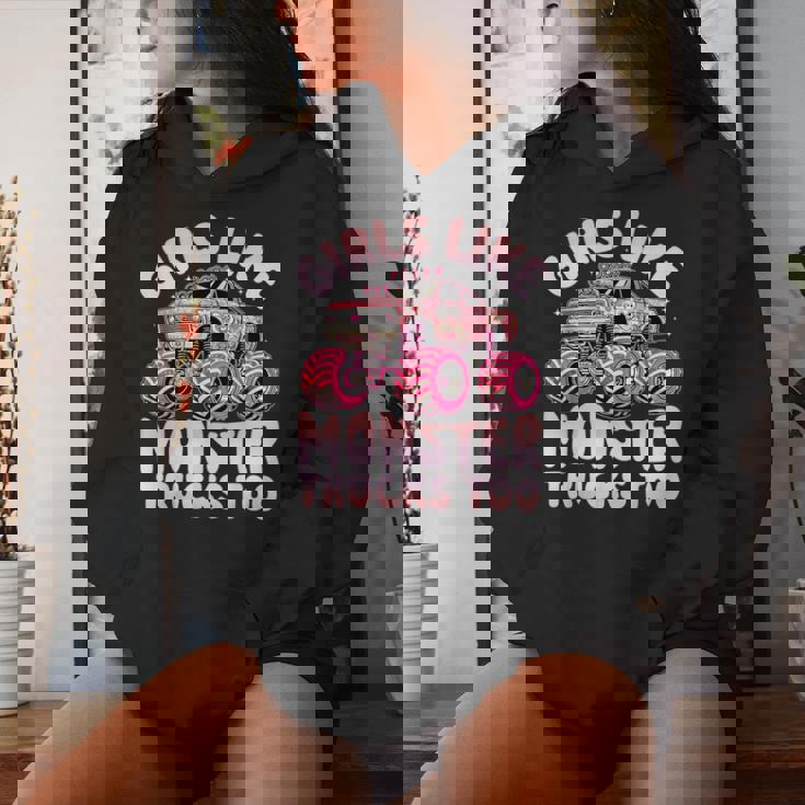 Girls Like Monster Trucks Too Pink Monster Truck Girls Women Hoodie Gifts for Her