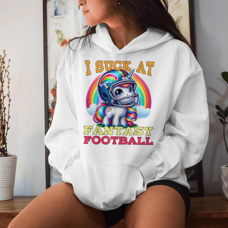 I Suck At Fantasy Football Unicorn Rainbow Loose Football Pink Kapuzenpullover für Damen Geschenke für Sie