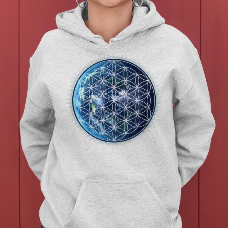 Flower Of Life With Earth Sacred Geometry Yoga Blue Kapuzenpullover für Damen