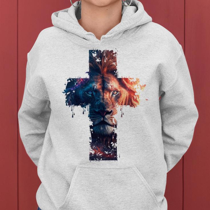 Lion Of Judah Cross Jesus Christ Christian Faith Graphic Blue Kapuzenpullover für Damen