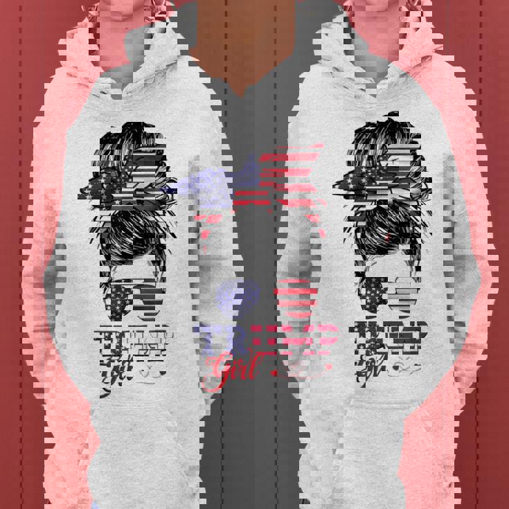 Trump Girl No Apologies Messy Bun Trump 2024 Bandera Estadounidense Sudadera con capucha para mujer