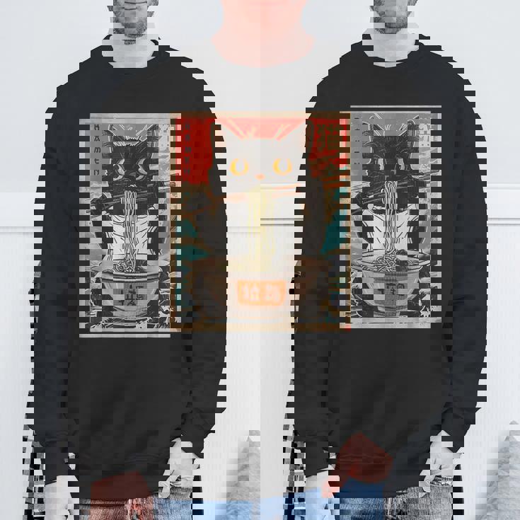 Retro Cat Ramen Japanese Graphic Kawaii Cat Anime Sweatshirt Gifts for Old Men