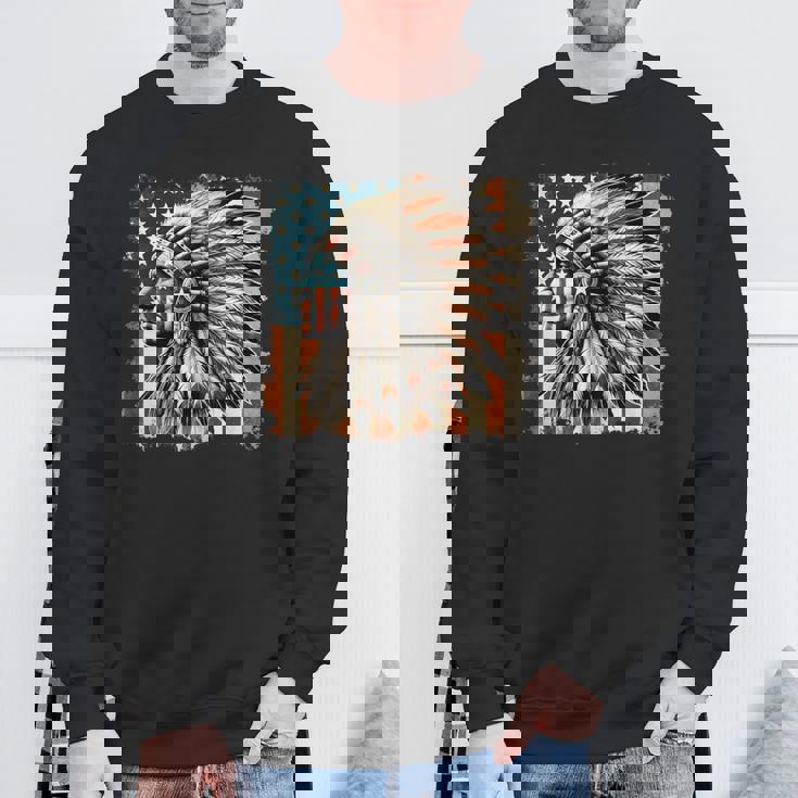 Vintage Native American Indian Chief American Usa Flag Sweatshirt Gifts for Old Men